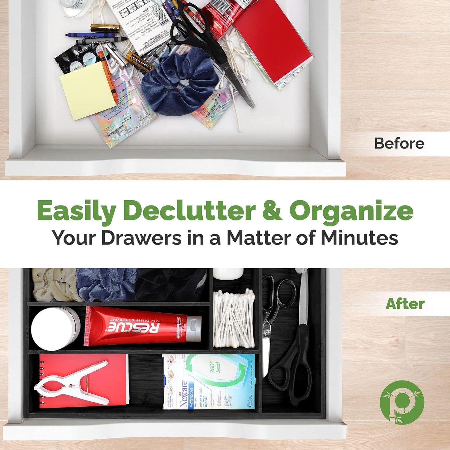 Pristine Bamboo Expandable Drawer Organizers for Kitchen - Extra Deep Non-Slip 17” x 14.6” (expands up to 25 inches) - Dark Wooden Silverware Divider (10 Compartments) – Organize Cooking Utensils