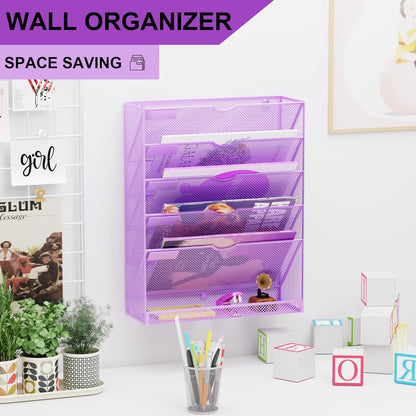 Wall File Organizer Holder Mesh Hanging Paper Document Holder,Vertical 6 Pocket Tier for Office Home, Black