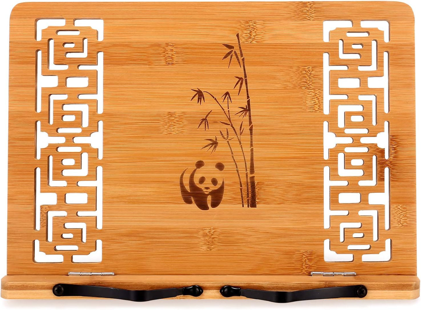 MEGREZ Bamboo Book Stand (13.2 x 9.4 inch) for Reading, Kitchen Cookbook Holder, Adjustable for Tablet/Textbook, Hollow Bookrest, Panda