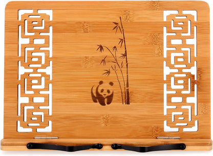 MEGREZ Bamboo Book Stand (13.2 x 9.4 inch) for Reading, Kitchen Cookbook Holder, Adjustable for Tablet/Textbook, Hollow Bookrest, Panda