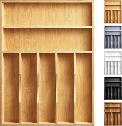 Expandable Bamboo Kitchen Drawer Organizer for Cutlery and Utensils, Adjustable Bamboo Wood Cutlery Tray in Drawer for Flatware and Silverware in Kitchen, (Natural)