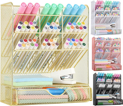 Spacrea Pen Holder Desk Organizer - Desk Organizers and Accessories, Pencil Holder with 10 Compartments and 1 Drawer（Rose Gold）