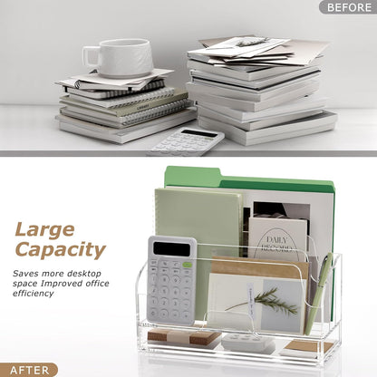 SANRUI Clear Desk Organizer Holder with Drawers, Acrylic Desktop Manila folders File Mail Sorter Box, Office Desk Accessories & Workspace Envelope Bill Letter Organization Racks, 3 Compartments