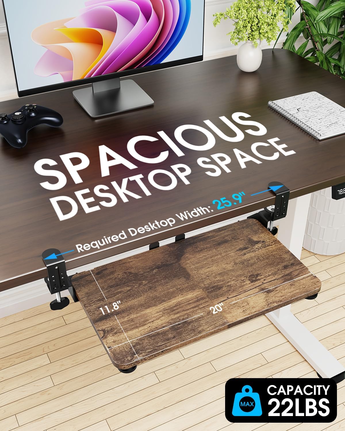 Large Keyboard Tray Under Desk, Pull Out Keyboard & Mouse Tray with Adjustable C-clamp, 25.6(31.5 Including Clamps) x 11.8 Inch Slide Out Computer Keyboard Drawer Mouse Tray for Typing, Brown