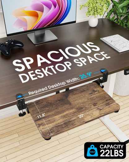 Large Keyboard Tray Under Desk, Pull Out Keyboard & Mouse Tray with Adjustable C-clamp, 25.6(31.5 Including Clamps) x 11.8 Inch Slide Out Computer Keyboard Drawer Mouse Tray for Typing, Brown