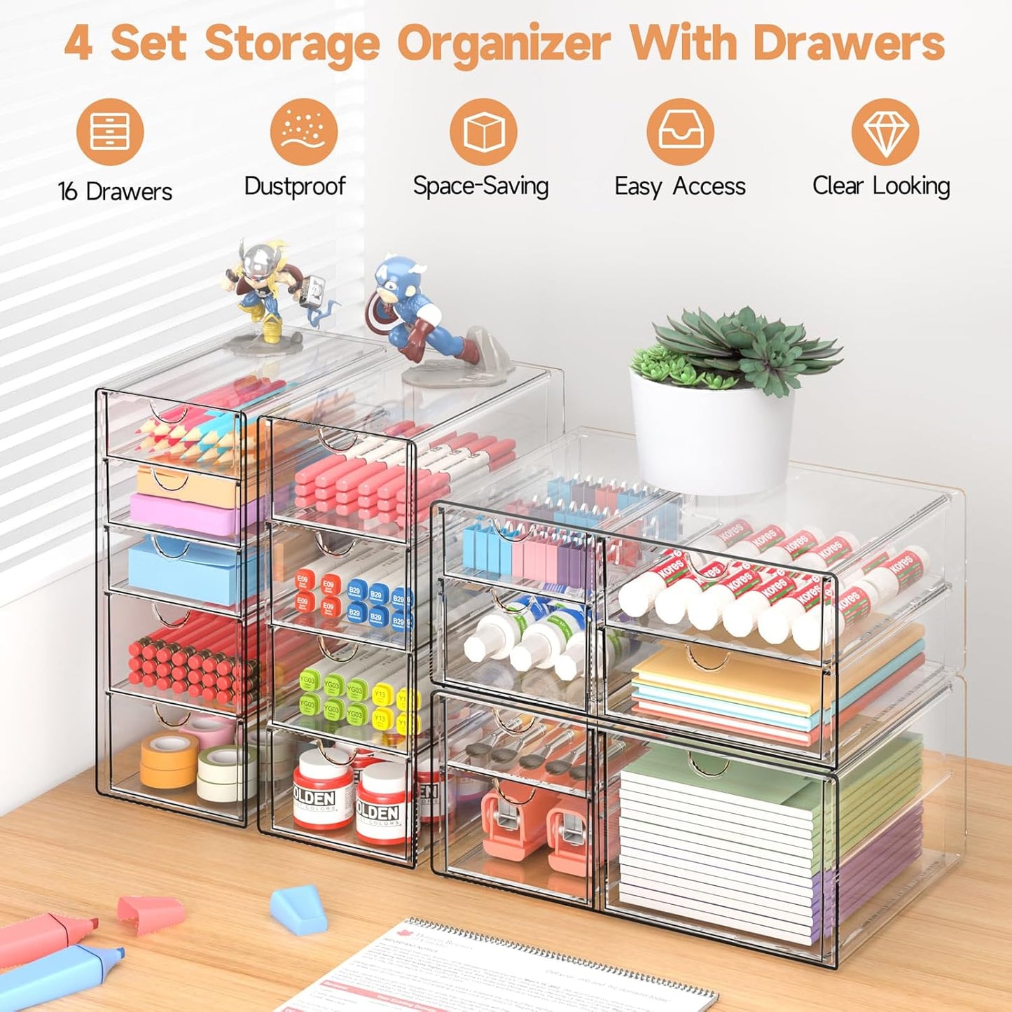 Makeup Drawer Storage Organizer with 24 Drawers, 4 Set Acrylic Office Desk Organization and Storage, Dustproof Drawer Organizer for Makeup, Office, Countertop, Jewelry, Pen, Desktop, Bathroom, Bedroom