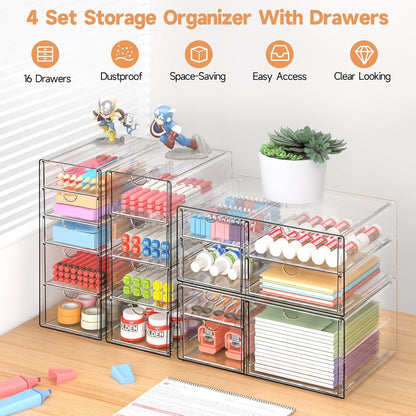 Makeup Drawer Storage Organizer with 24 Drawers, 4 Set Acrylic Office Desk Organization and Storage, Dustproof Drawer Organizer for Makeup, Office, Countertop, Jewelry, Pen, Desktop, Bathroom, Bedroom
