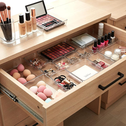 Masirs Clear Drawer Organizers Set 25 PCS – Plastic Storage Bins for Desk, Kitchen, Bathroom, Vanity – Modular, Stackable, Non-Slip Drawer Organizer Trays for Makeup, Utensils, Office Supplies