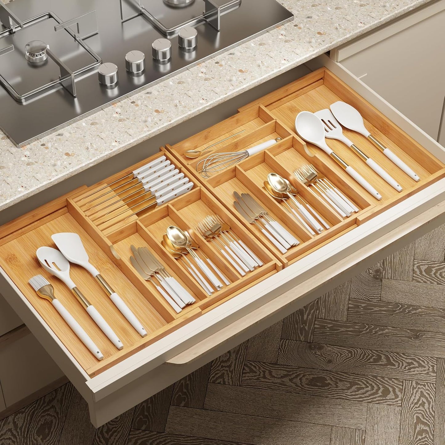 BAMEOS drawer organizer flatware organizer cutlery tray silverware organizer expandable adjustable bamboo drawer organizer kitchen bathroom