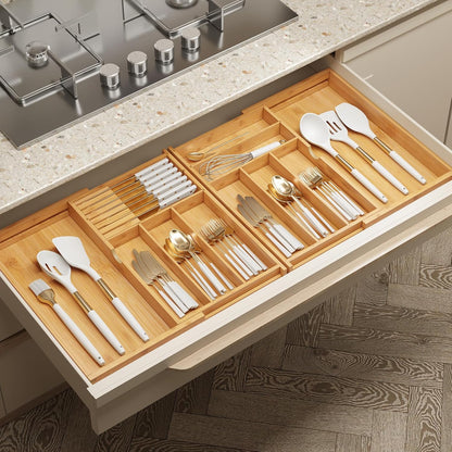 BAMEOS drawer organizer flatware organizer cutlery tray silverware organizer expandable adjustable bamboo drawer organizer kitchen bathroom