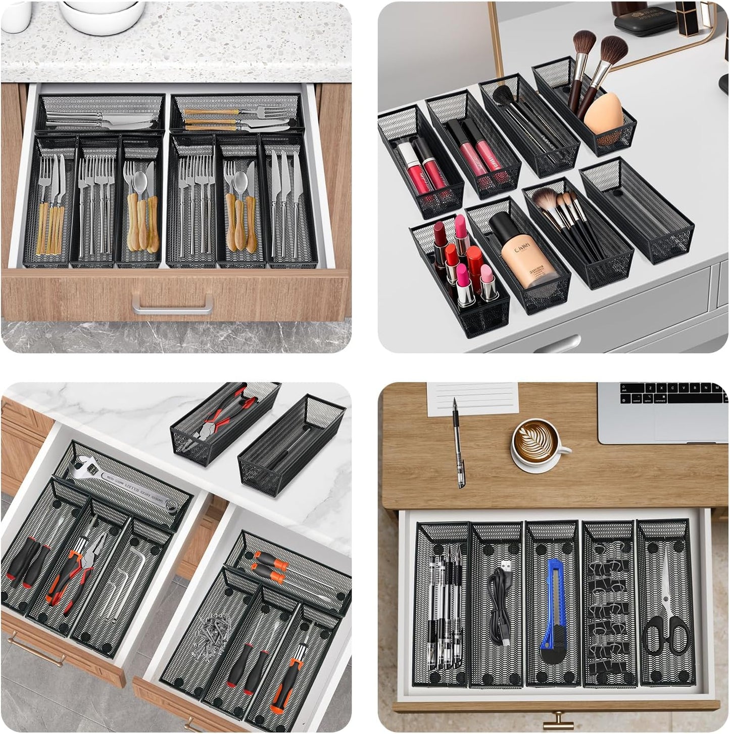 Neudeco Drawer Organizer Set 6 Pack - 5-Compartment Silverware Organizer Tray + 5 Utensil Trays, Kitchen Drawer Organizer for Flatware, Cutlery, Office Supplies, Black Mesh, Non-Slip.
