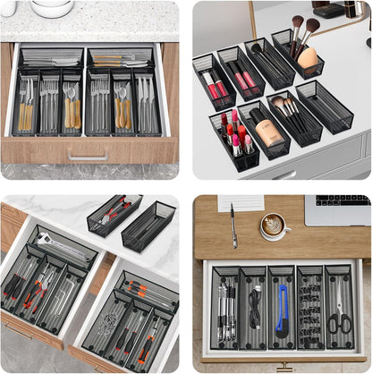 Neudeco Drawer Organizer Set 6 Pack - 5-Compartment Silverware Organizer Tray + 5 Utensil Trays, Kitchen Drawer Organizer for Flatware, Cutlery, Office Supplies, Black Mesh, Non-Slip.