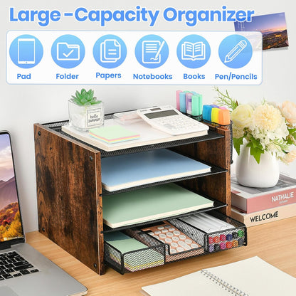 OPNICE Desk Organizers and Accessories, 4-Tier Office Desk Accessories & Workspace Organizers with Drawer and Pen Holder, Desktop Paper Tray File Organizer for Home Office Supplies, Gold