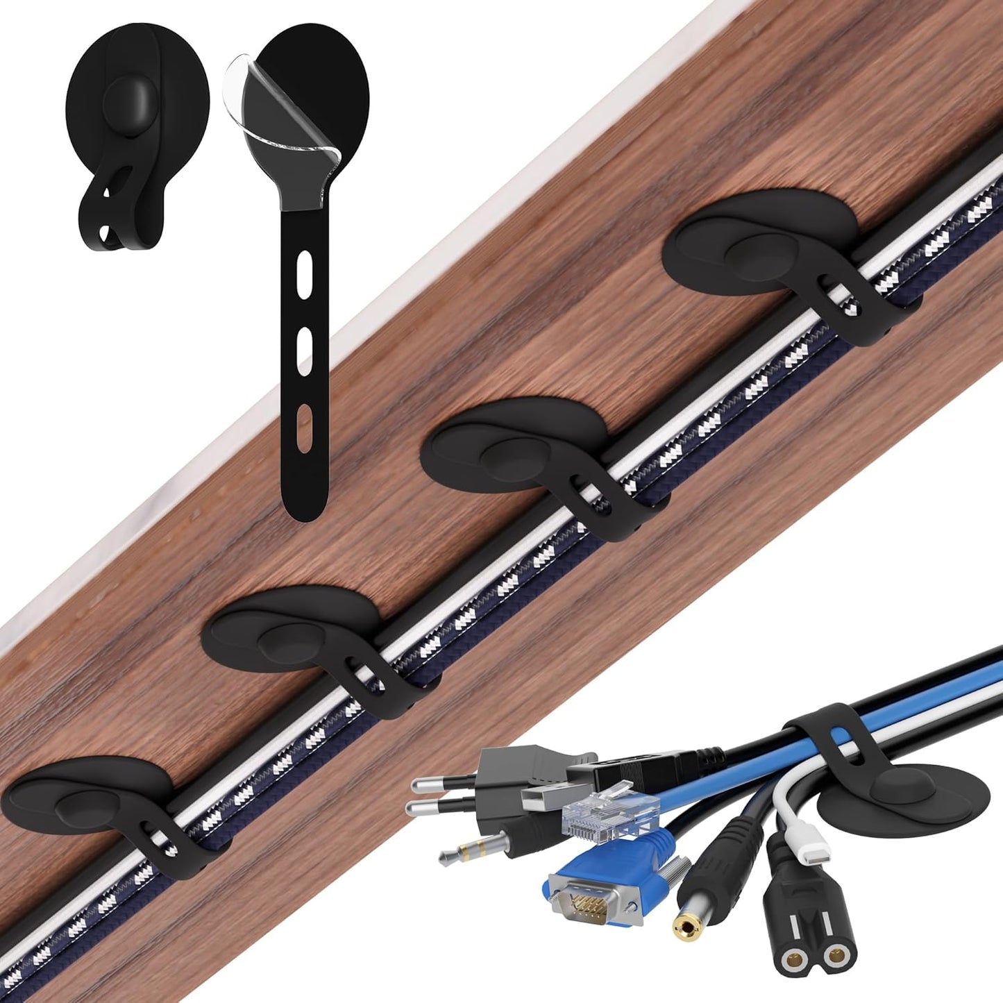 Nearockle Cable Management Under Desk, Adjustable Self-Adhesive Silicone Cable Ties Cord Organizer, Reusable Heavy-Duty Cord Holder Under Table for Office, Home, School (10Pcs-Black)