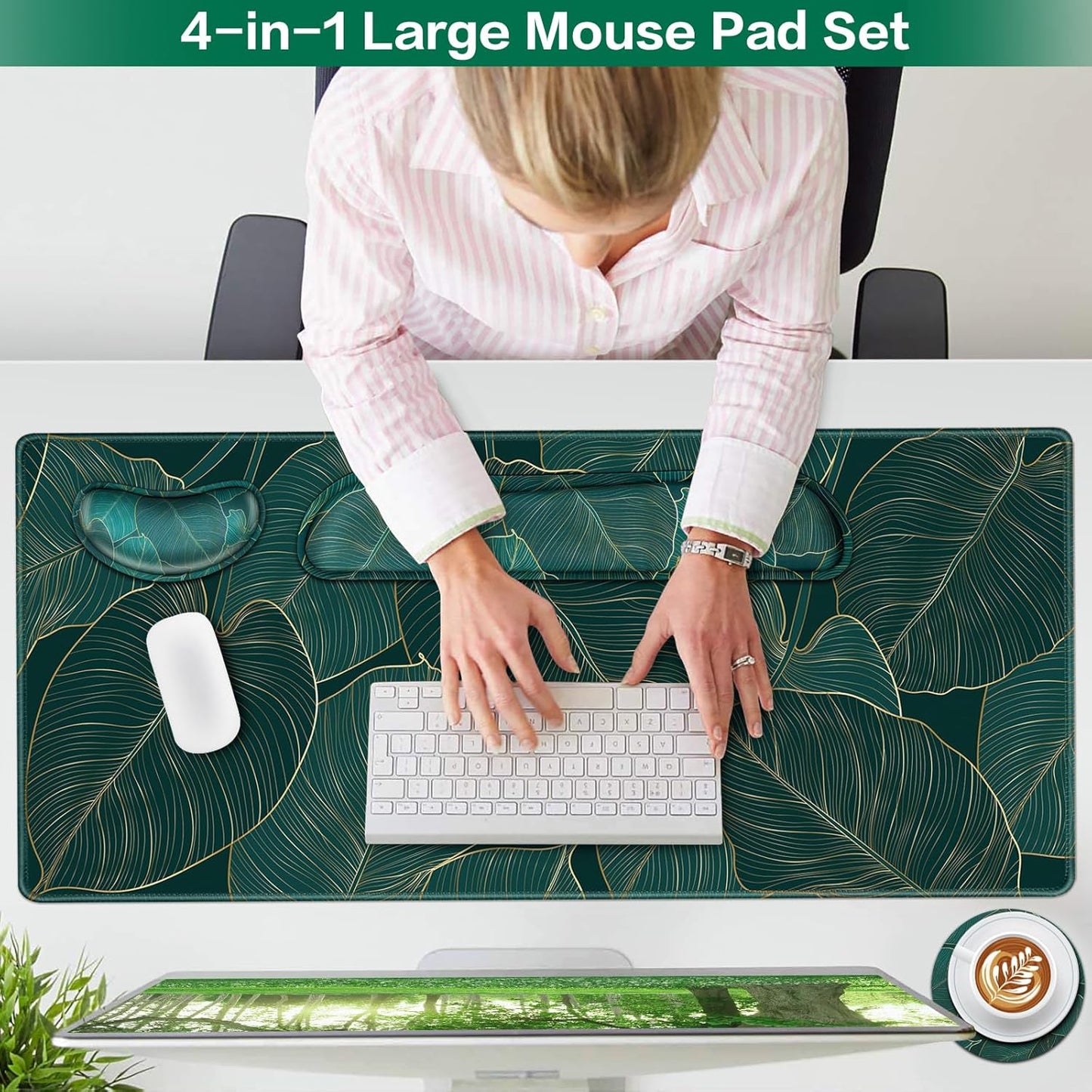 Desk Mat, Large Gaming Mouse Pad with Wrist Rest, 4in1 XXL Mousepad+Keyboard Wrist Rest+Mouse Pad Wrist Support+Cup Coaster Set Ergonomic Floral Computer Desk Arm Wrist for Decor Home Office Women