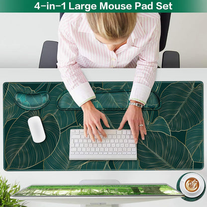 Desk Mat, Large Gaming Mouse Pad with Wrist Rest, 4in1 XXL Mousepad+Keyboard Wrist Rest+Mouse Pad Wrist Support+Cup Coaster Set Ergonomic Floral Computer Desk Arm Wrist for Decor Home Office Women