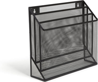 TRU RED Wire Mesh File Organizer, 3‑Compartment, Matte Black – Vertical Desktop Sorter for Files, Folders & Mail