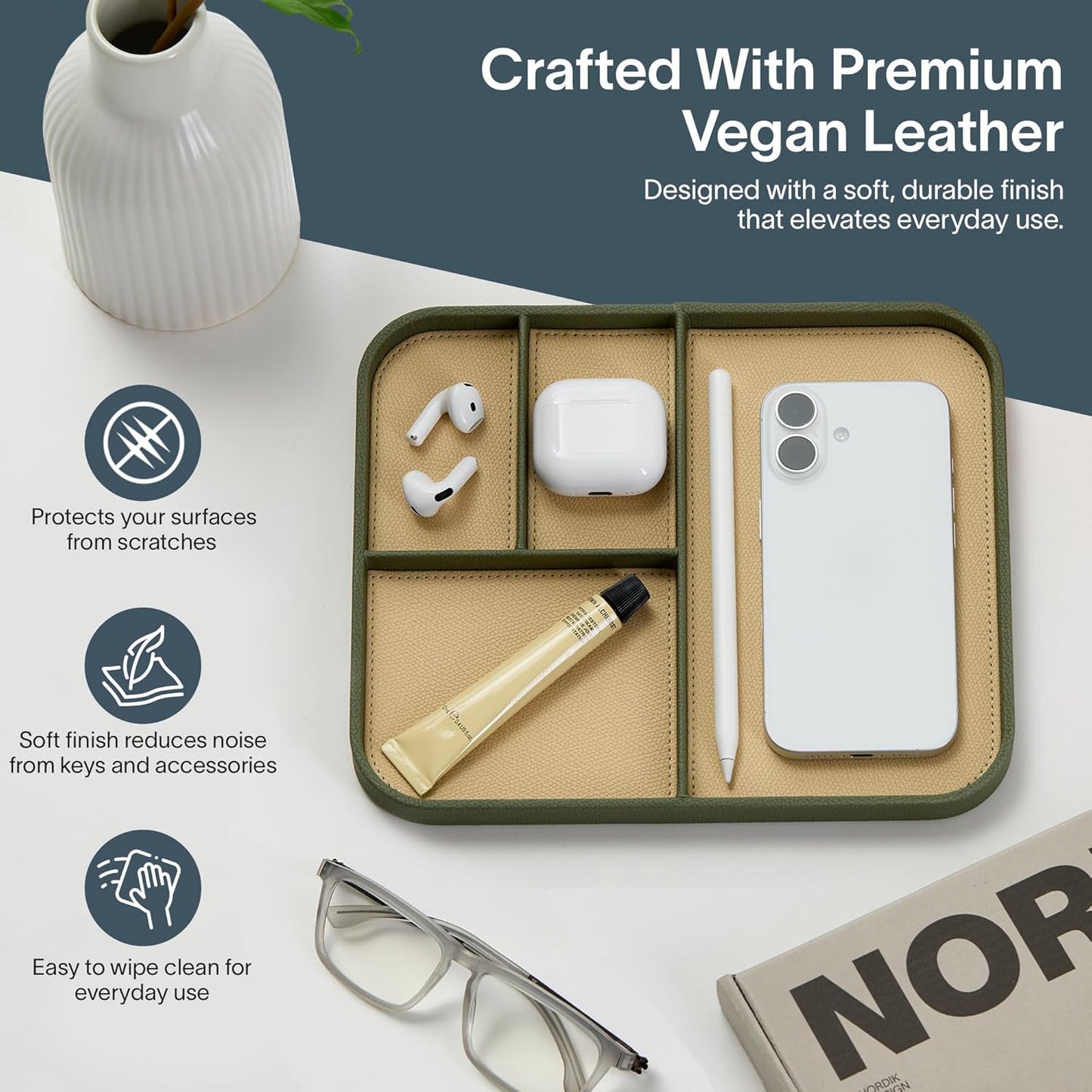 Nordik Leather Valet Tray - Sand Brown - 9.5 x 7.9 Inch Medium Vegan Leather Tray - Stylish Nightstand Organizer for Men - Modern Bedside Caddy - EDC Catchall for Key Watch Wallet Jewellery