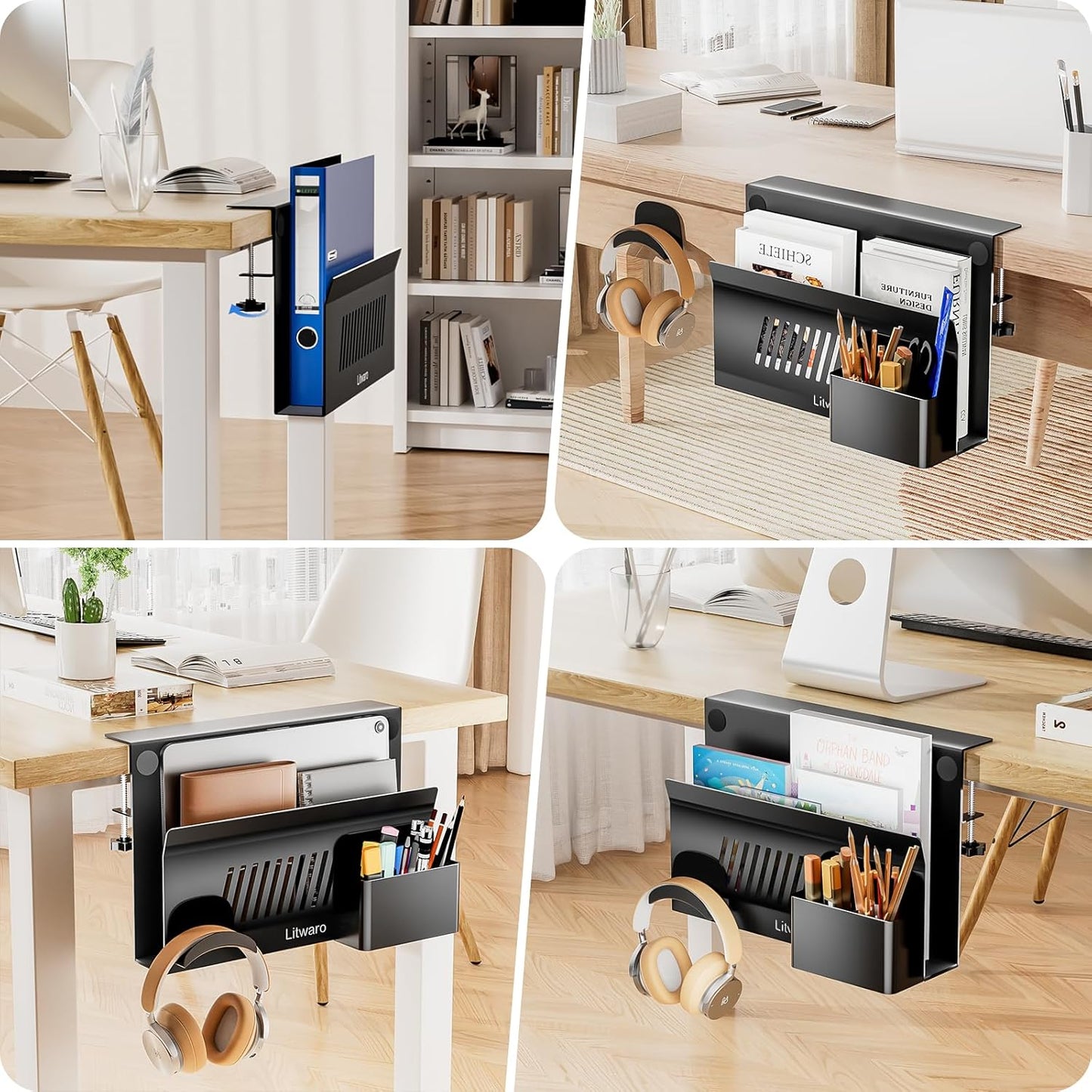 Litwaro Desk Side Storage Organizer, 2 Tier Under Desk Laptop Holder No Drill, Laptop Mount with Magnetic Pen Holder, Hanging Desk Organizer Fits Flat Edge Desks 0.4" to 2.1" (White)