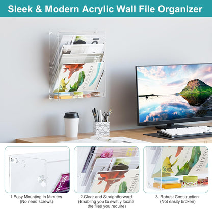 Clear Desk File Holder, 5 Tier Acrylic Hanging Wall File Mail Document Organizer, Vertical Paper Organizer, Magazine Newspaper Rack for Office, Home, Classroom