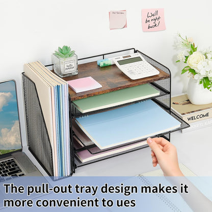 OPNICE Desk Organizer, 5-Tier Paper Organizer Letter Tray with Magazine Holder, Office Desk Accessories & Workspace Organizers, Desktop File Organizer for Office Supplies Storage, Black