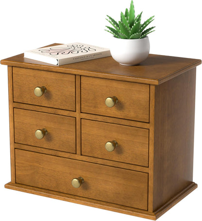 Oak Desk Organizer with Drawers, Durable Wooden Desktop Storage Box with Metal Handles & Non-Slip Silicone Pads, 4 Drawer Tabletop Organizer for Office, Bedroom, Bathroom, Vanity, and Makeup – Walnut