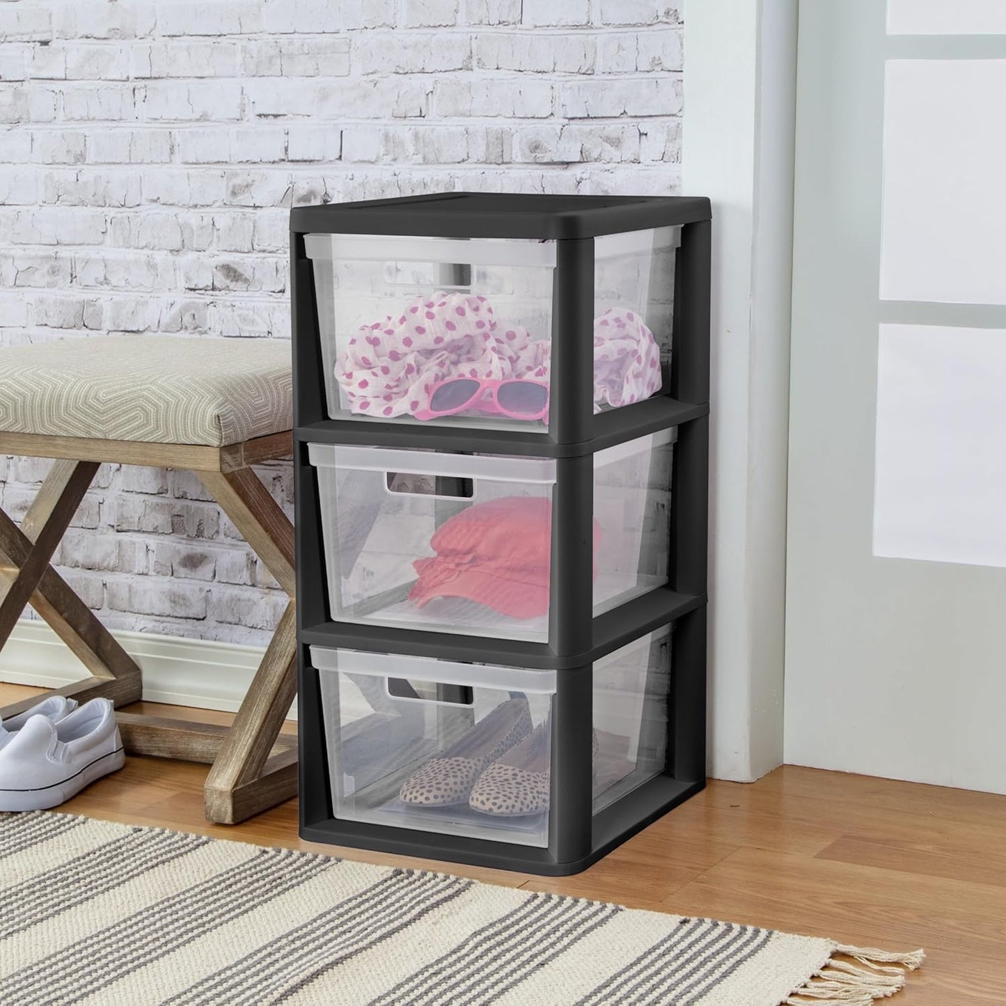 3-Drawer Storage Tower with Removable Clear Plastic Bins, Tool-Free Assembly, Multiple Sizes for Home Office (15.7"W)