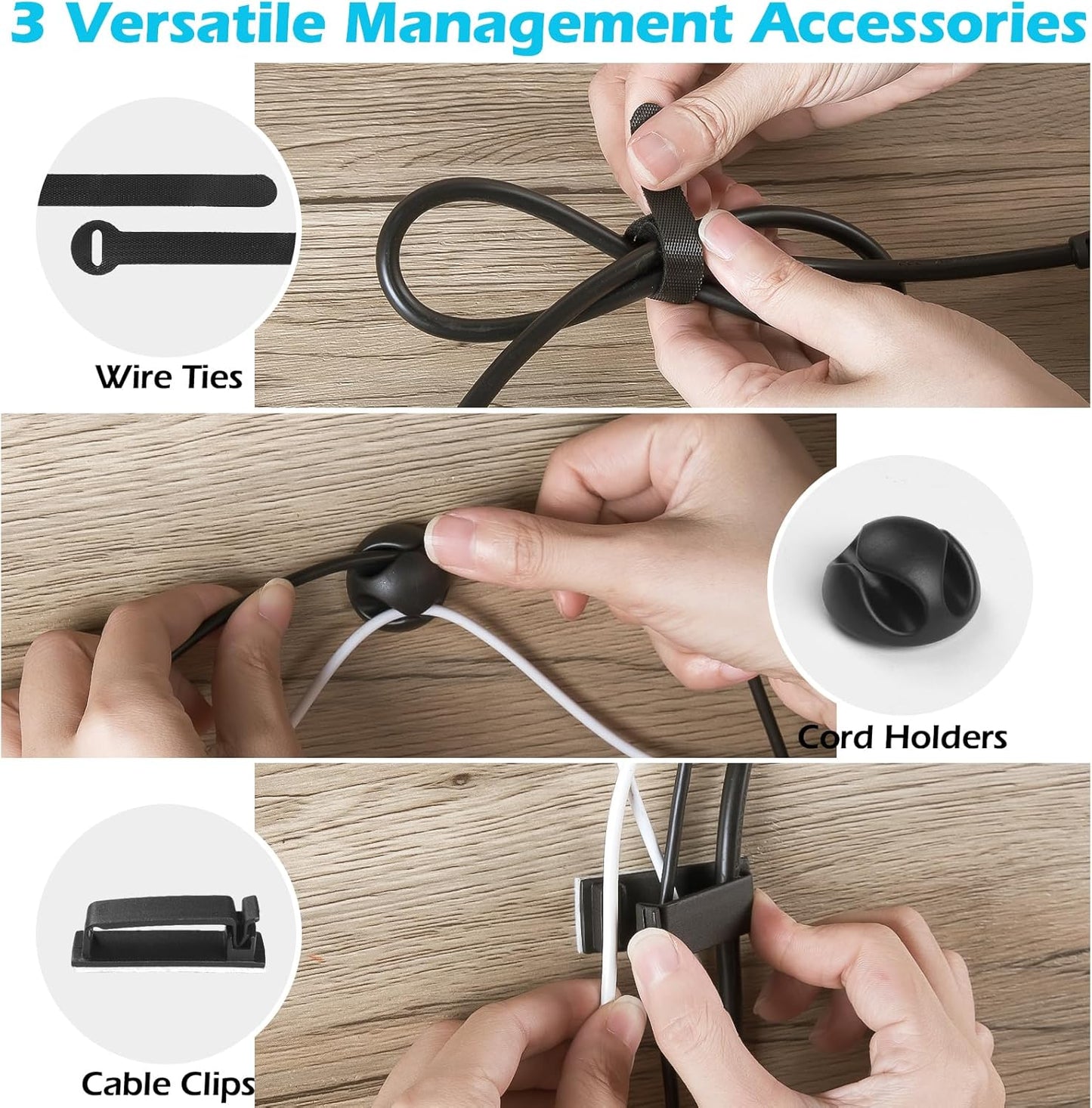KHAMAL Cable Management Under Desk 26PCS - Cable Management Tray Kit Ventilated Hexagonal Design with Cable Clips, Wire Ties, Cord Holder & Screws for Office, Home - 2 White Sets