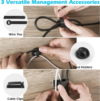 KHAMAL Cable Management Under Desk 26PCS - Cable Management Tray Kit Ventilated Hexagonal Design with Cable Clips, Wire Ties, Cord Holder & Screws for Office, Home - 2 White Sets