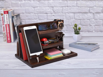 TESLYAR Wood Phone Docking Station for Men - Desktop or Nightstand Organizer - Birthday Gifts for Men, Dad - Anniversary Idea from Wife - Key Holder, Stand Wallet, Watch & Essentials (Granite Black)