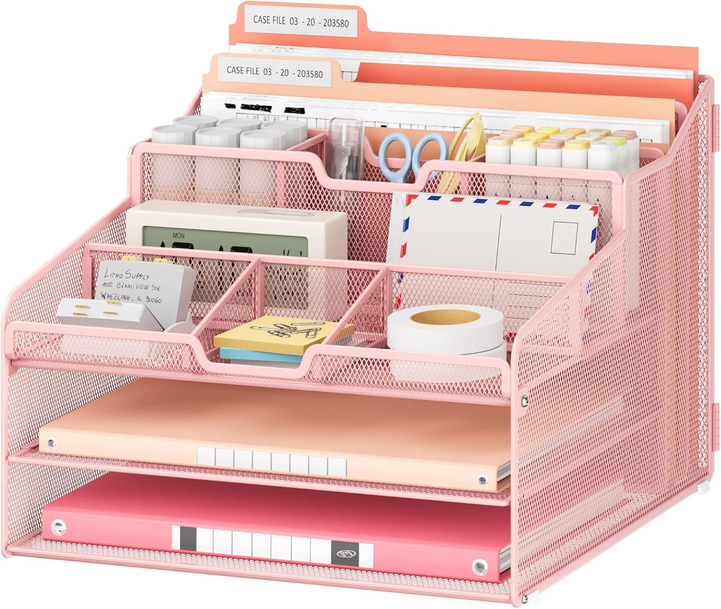 Lavatino Desk Organizer - Metal Mesh with 2 Paper Letter Trays, 7 Flexible Dividers, 2 Vertical File Holders for Office/Home/Classroom Supplies, Desk Organizers and Accessories, Black