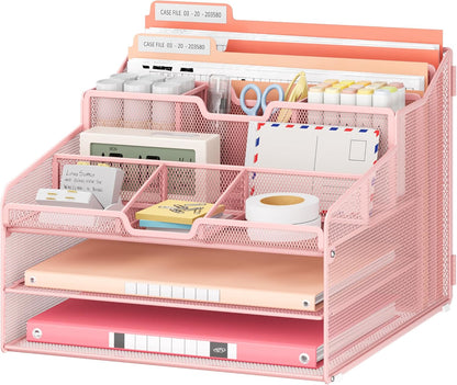 Lavatino Desk Organizer - Metal Mesh with 2 Paper Letter Trays, 7 Flexible Dividers, 2 Vertical File Holders for Office/Home/Classroom Supplies, Desk Organizers and Accessories, Black