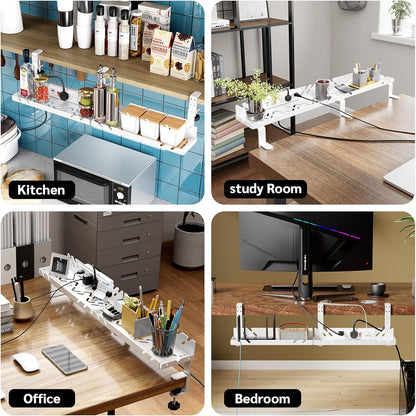 Extended Metal Under Desk Cable Management Tray with Power Outlet, No-Drill Wire Organizer with Clamp, Cord Storage Raceway for Desk Cable Management for Office Home (White)