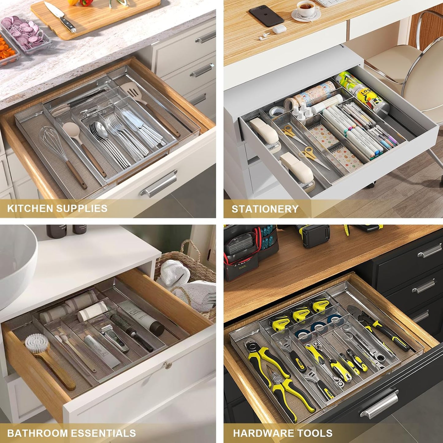 Sedegn Silverware Organizer Metal Mesh, Small Drawer Organizer, Utensil Cutlery Tray for kitchen drawers, Flatware Organizer with 5 Compartment, Black(9.3"*12.6")