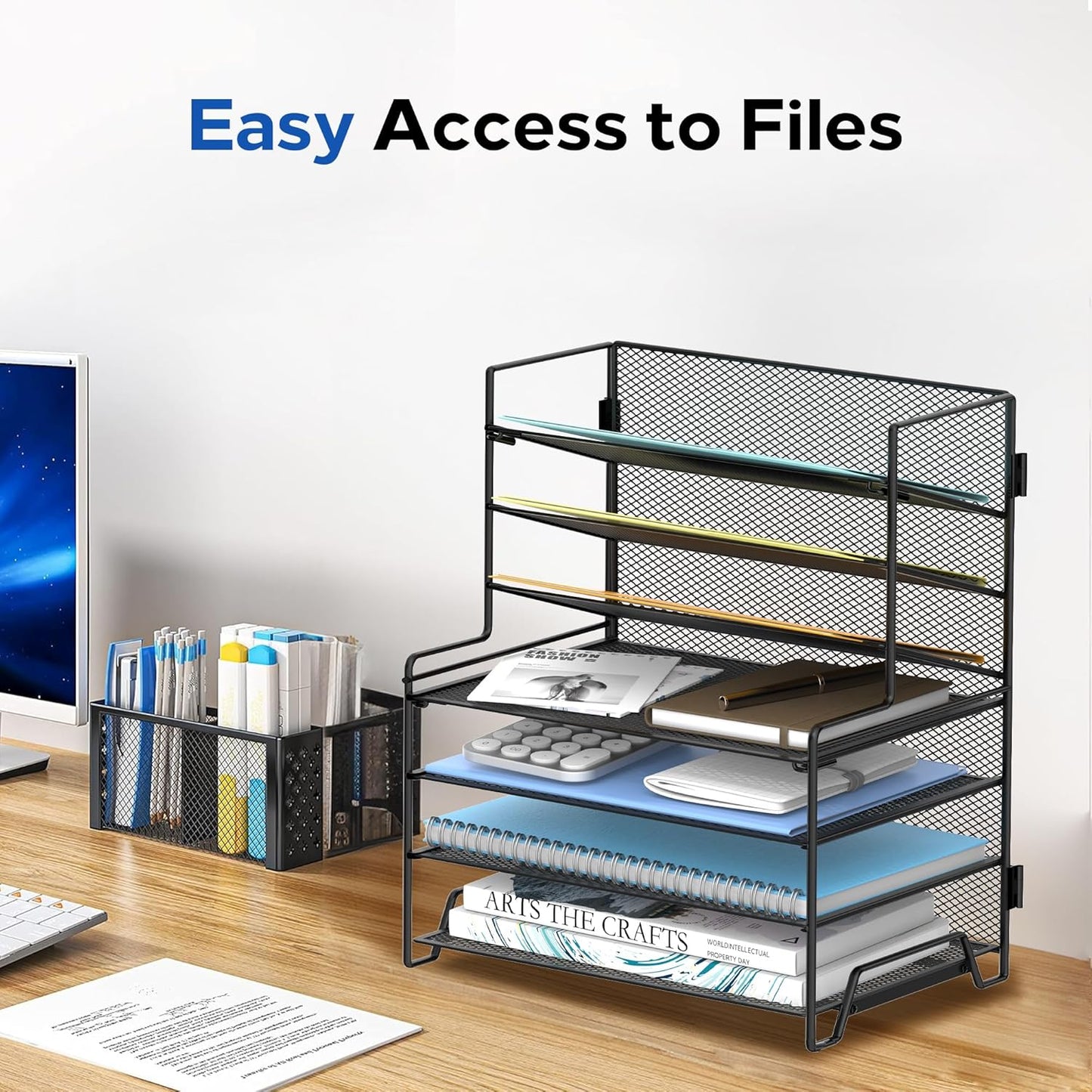 SUPEASY 7 Tier Desk Organizer, Desk File Organizer with Pen Holder, Paper Organizer for Desk, Desk Organizers and Accessories for Home Office School, Black