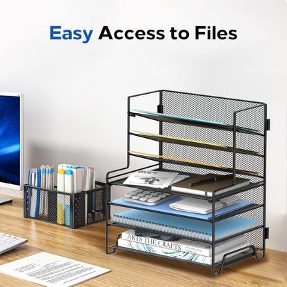 SUPEASY 7 Tier Desk Organizer, Desk File Organizer with Pen Holder, Paper Organizer for Desk, Desk Organizers and Accessories for Home Office School, Black