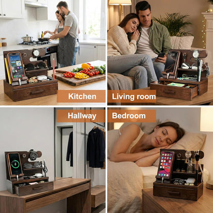 TESLYAR Wood Phone Docking Station with Drawer - Nightstand Organizer - Desk Organizer for Husband - Birthday Gifts for Men, Dad, Anniversary Idea, Key Holder Stand Watch & Accessories (Antique Brown)