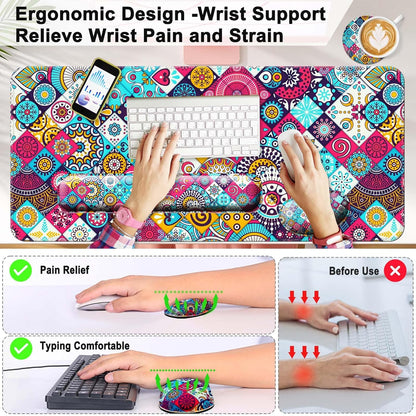 Keyboard Wrist Rest + Mouse Pad with Wrist Support + Desk Mat + Coaster 4 in 1 Set, XXL Large Gaming Mousepad Cute Ergonomic Mouse Pads for Desk Computer Laptop Office Decor-Beach