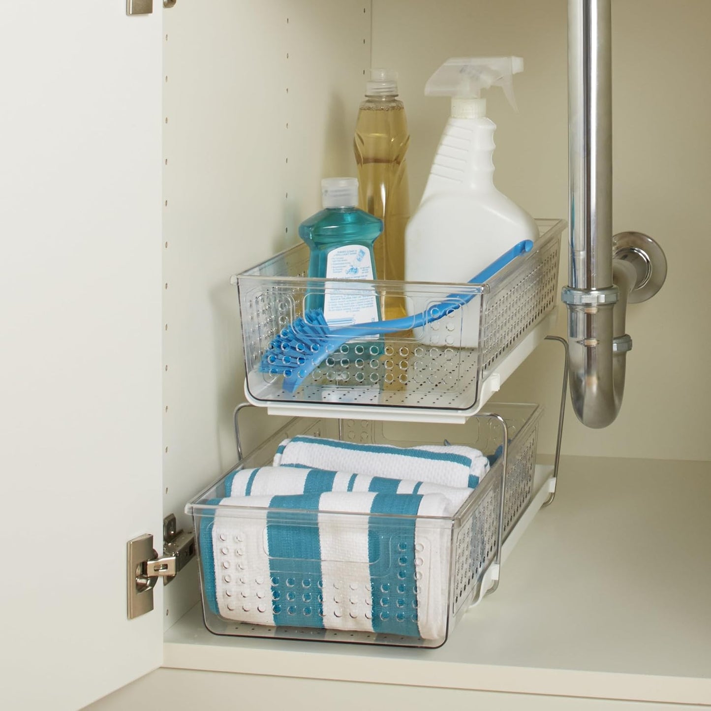 madesmart Two-Tier Bathroom Cabinet Organizer, Sliding Drawer Storage for Bottles, Sponges & Cleaning Supplies, Blue