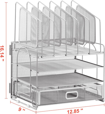 Marbrasse Desk Organizer with Drawer, 4-Tier Mesh File Organizer with 5 Vertical File Holders and 2 Pen Holders, Multifunction Desktop Organizer,Desk Organizers and Accessories for Home Office