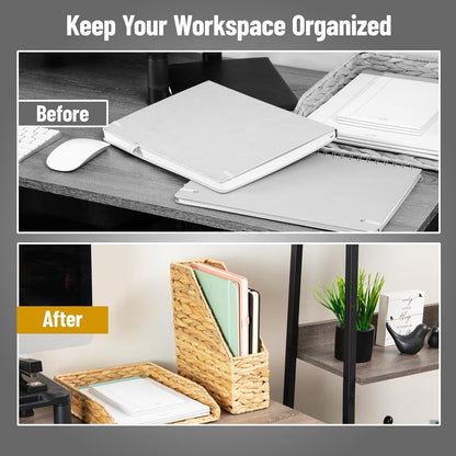 Mind Reader Rattan Vertical File Organizer with Iron Frame, Desktop Organizer, Holds Letter Size Documents, Brown