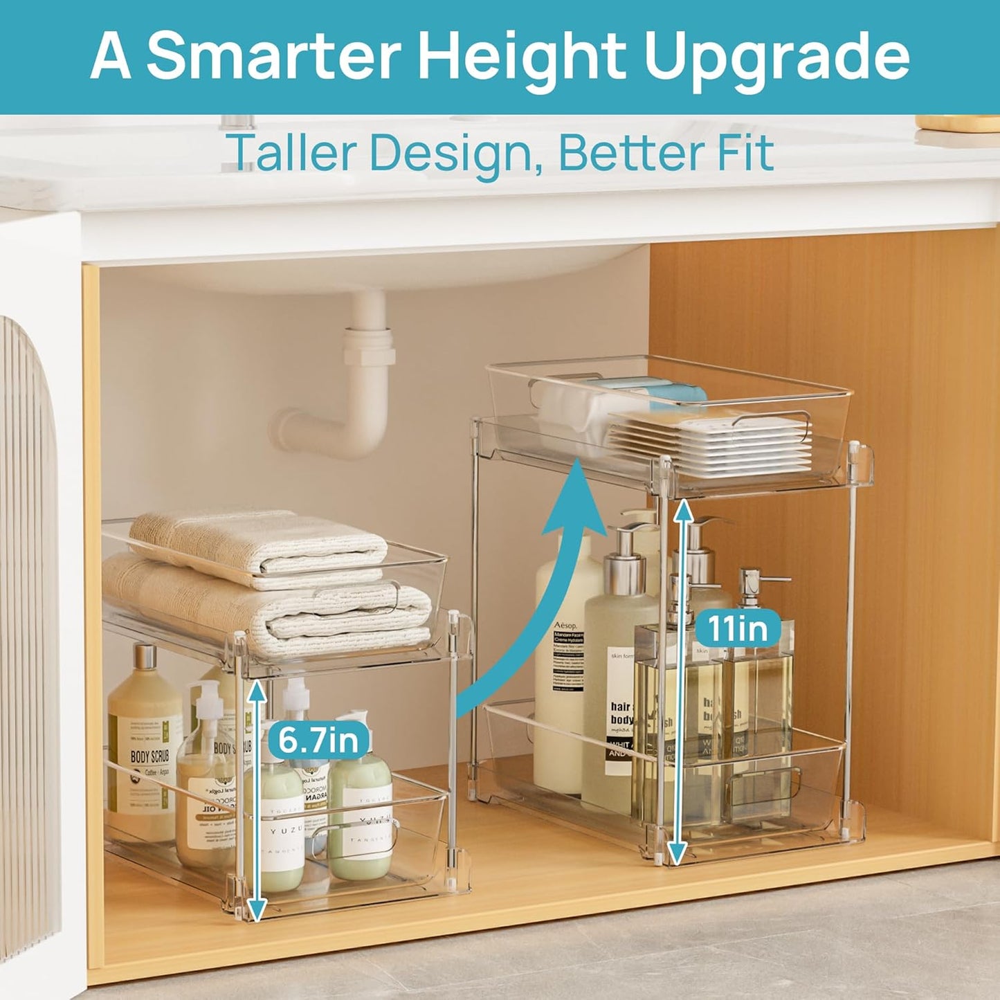 Vtopmart 4 Pack Bathroom Organizer, 2 Tier Clear Under Sink Organizers Vanity Countertop Storage Container,Cabinet Drawers Bins, Pull-Out Organization with Track for Pantry, Kitchen