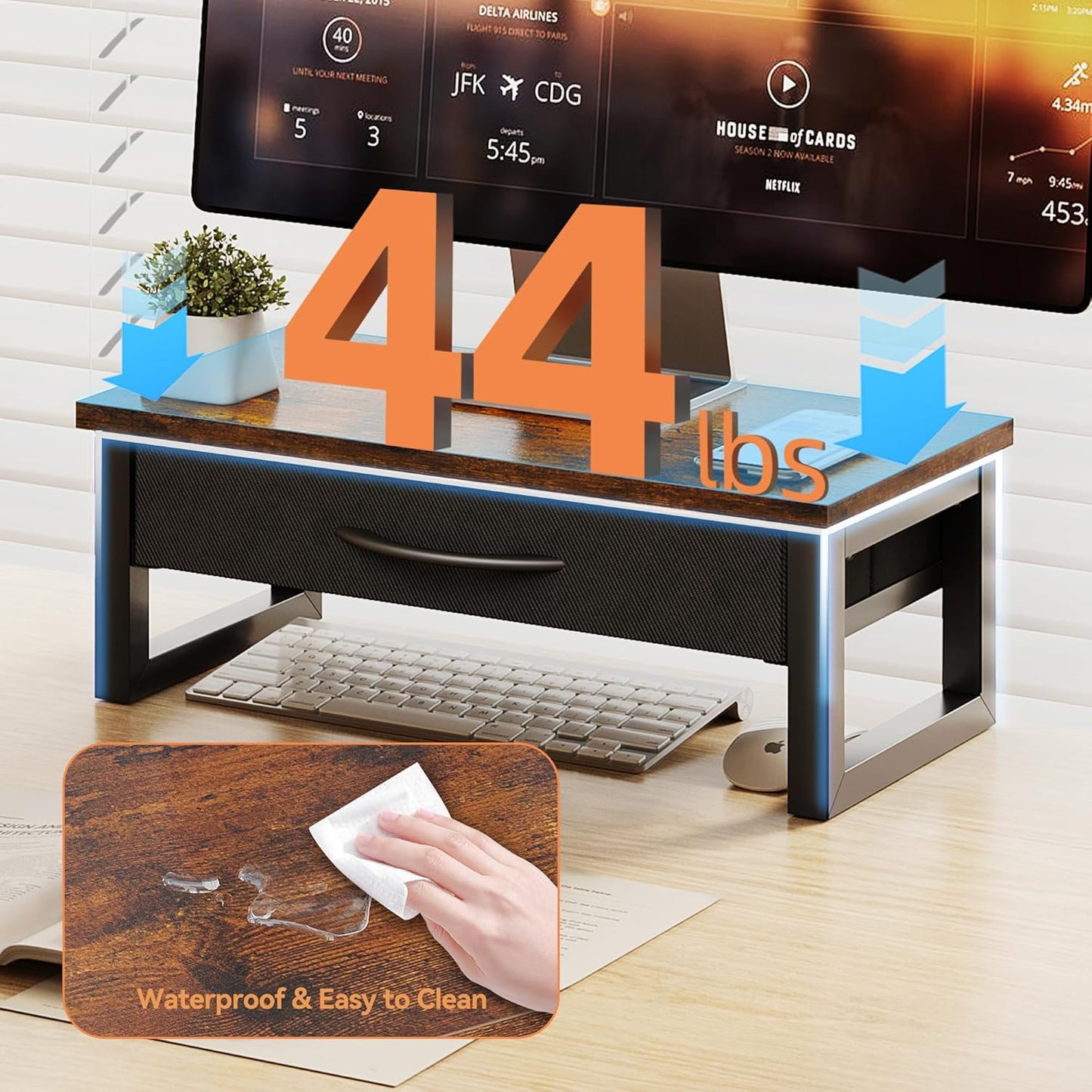 Desk Organizers and Accessories, Computer Monitor Stand Riser with Fabric Drawer, 2-Tier Laptop Stand for Desk, Office Organization Accessories, Pink