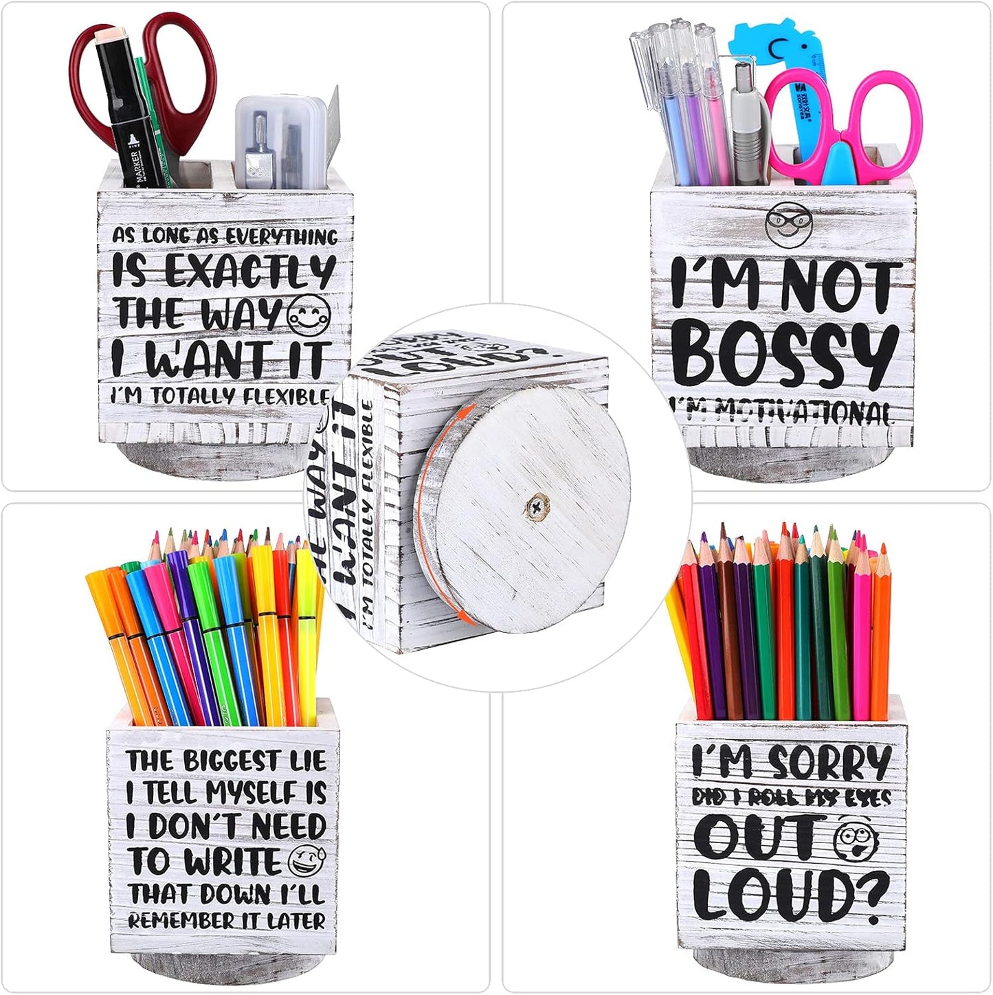 Outus Wooden Spinning Pen Holder for Desk I'll Remember It Later Pencil Holder Cute Organizer Funny Desk Decor Pencil Case Art Supply Storage Box for Home Office (White)