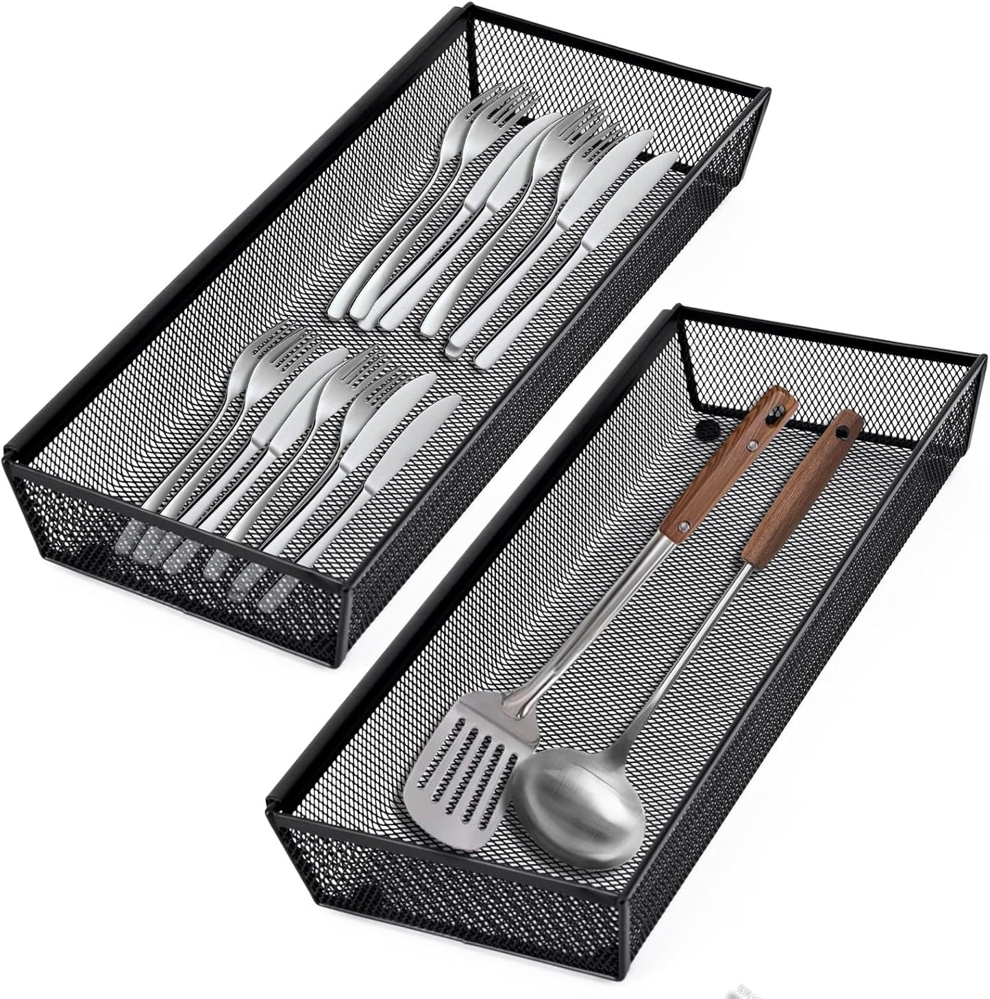Neudeco Drawer Organizer Set 6 Pack - 5-Compartment Silverware Organizer Tray + 5 Utensil Trays, Kitchen Drawer Organizer for Flatware, Cutlery, Office Supplies, Black Mesh, Non-Slip.