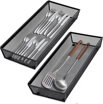 Neudeco Drawer Organizer Set 6 Pack - 5-Compartment Silverware Organizer Tray + 5 Utensil Trays, Kitchen Drawer Organizer for Flatware, Cutlery, Office Supplies, Black Mesh, Non-Slip.