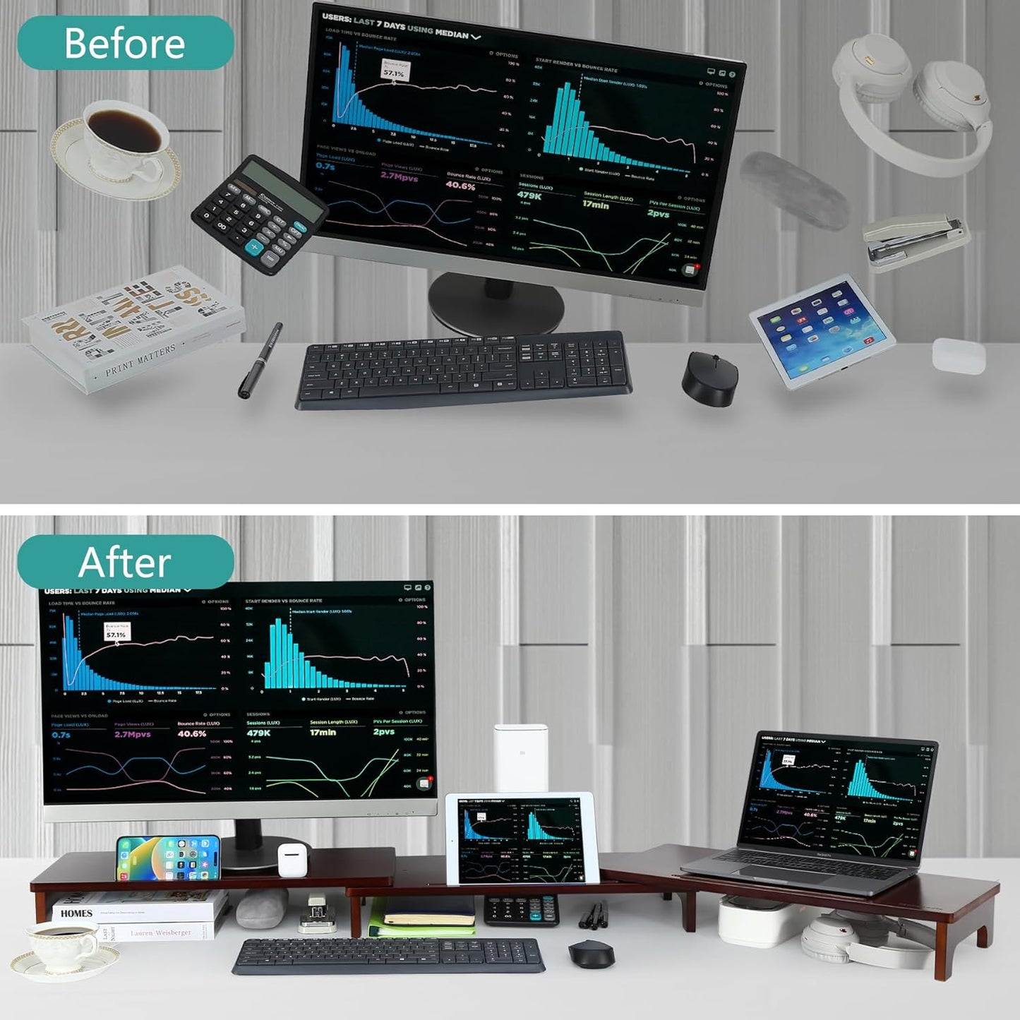 Nnewvante Monitor Stand Riser, 60 inch Large Bamboo Dual Monitor Stand for Desk, 3 Shelves Desktop Screen Riser with Adjustable Length Angle for Computer Laptop PC
