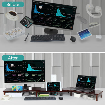 Nnewvante Monitor Stand Riser, 60 inch Large Bamboo Dual Monitor Stand for Desk, 3 Shelves Desktop Screen Riser with Adjustable Length Angle for Computer Laptop PC
