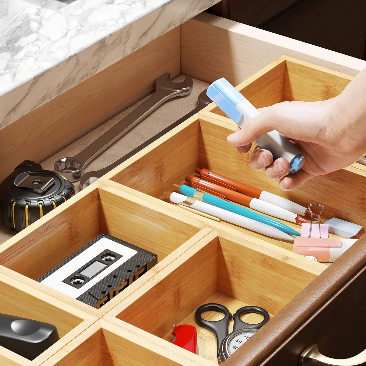 SpaceAid 6 Pcs Bamboo Drawer Organizer Storage Box Set, Multi-Use Drawer Organizer Bin for Kitchen, Bathroom, Office Desk and Makeup (6 Boxes)