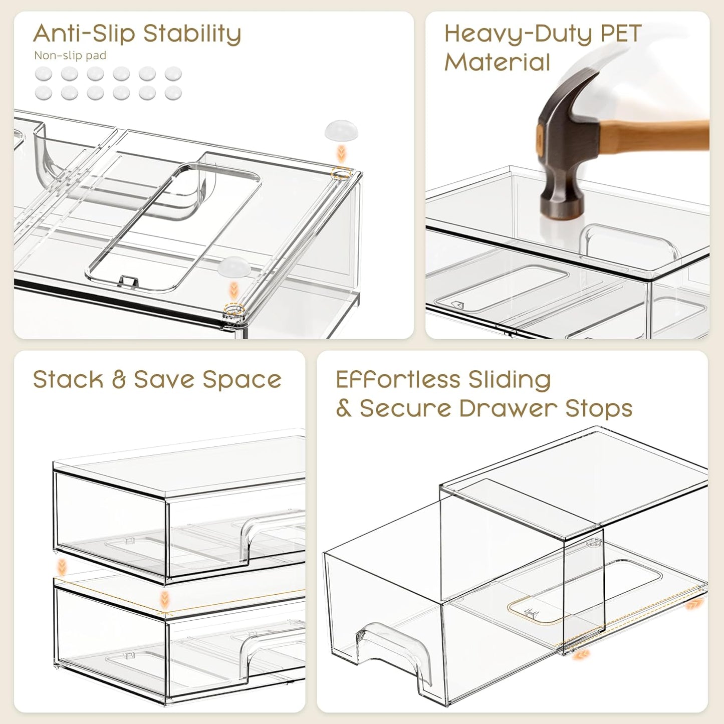 Criusia Stackable Storage Drawers, 4 Pack Clear Plastic Makeup & Bathroom Organizer, Versatile Storage Bins for Vanity, Under Sink, Kitchen Cabinets & Pantry